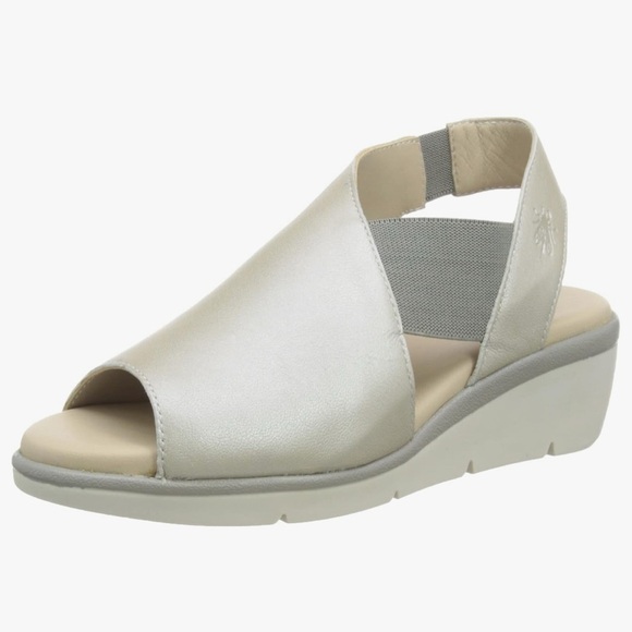 Fly London | Nily Silver Leather Low Wedge Sandals - Picture 1 of 9